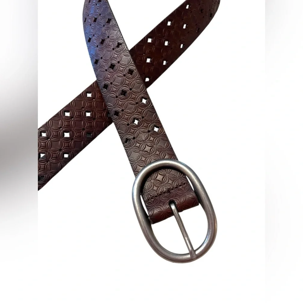 Fossil Brown Embossed Laser Cut Leather Belt with Silver Buckle Sz S/M
